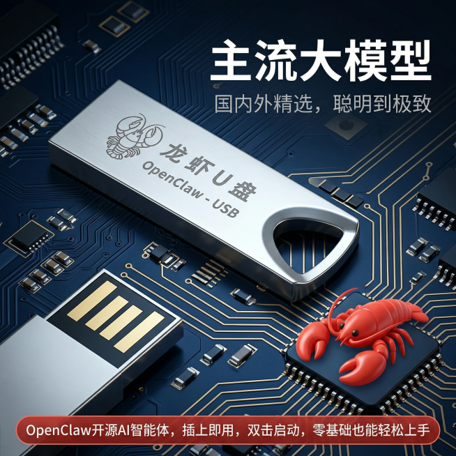 [主图主题] 龙虾U盘核心卖点展示
[氛围/风格] 科技商务风格，电路纹理背景，专业数码氛围感
[画面元素] 银色龙虾U盘放置在深蓝色电路板纹理背景上，左下角露出U盘USB接口部分，右下角放置卡通红色预览效果