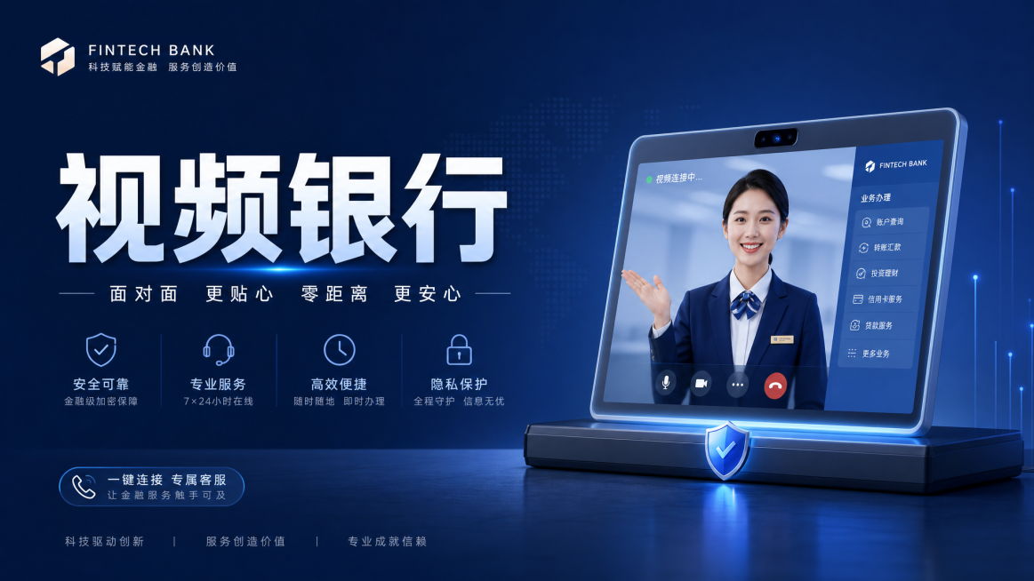 一张金融科技风格的横版图片，画面包含醒目的文案“视频银行”，整体风格现代简约，配色专业沉稳，突出品牌感和科技感，背景干净简洁，文字清晰突出预览效果