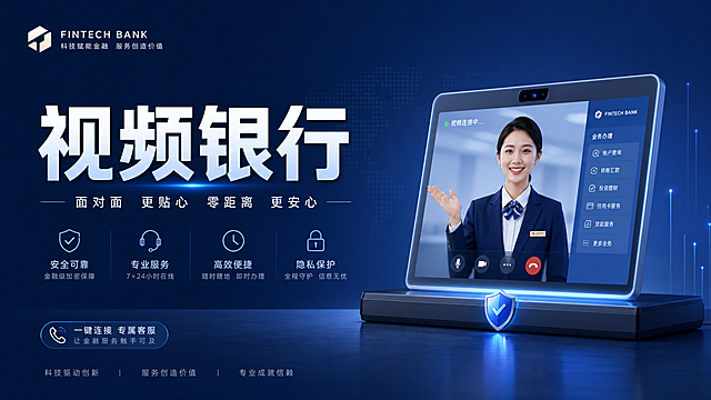 一张金融科技风格的横版图片，画面包含醒目的文案“视频银行”，整体风格现代简约，配色专业沉稳，突出品牌感和科技感，背景干净简洁，文字清晰突出