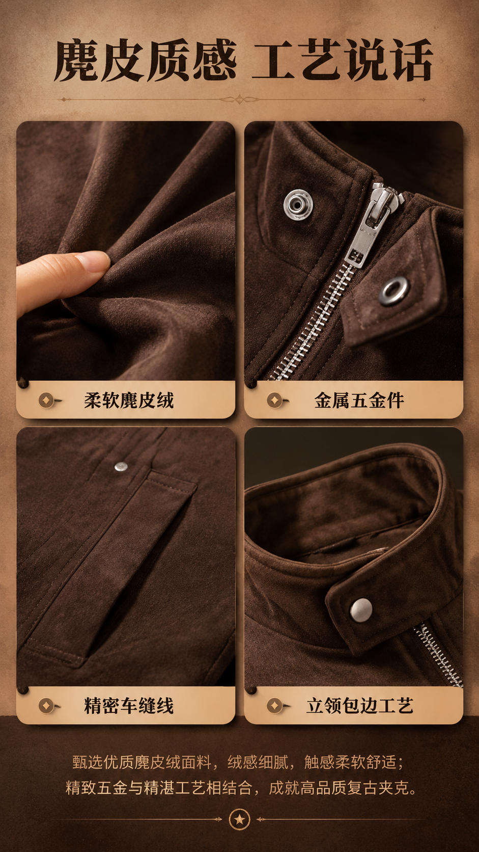 [商品] 使用【图1】深咖色复古麂皮绒立领夹克；商品处理：保留… - 图片创意预览
