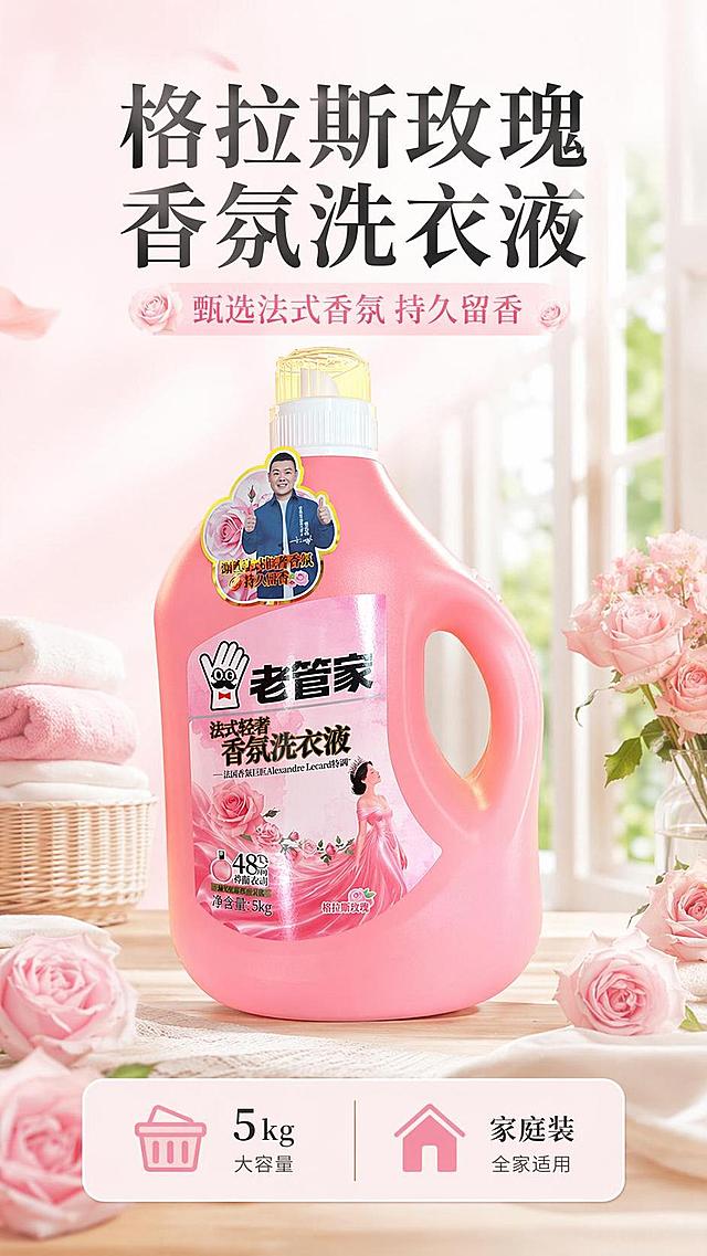 [第1屏] 详情页头图-老管家法式轻奢香氛格拉斯玫瑰洗衣液宣传海报。本屏使用【图1】作为商品主体。
[氛围/风格] 清新温馨家居风，浅粉色调柔和背景，商业摄影质感，自然氛围感。
[元素布局] 洗衣液主体放置在画面偏中上位置，占比约65%；画面下方模拟干净清新的家居阳台场景，搭配淡粉色玫瑰装饰点缀；保持瓶身结构、颜色、包装文字与输入产品图完全一致。
[光影质感] 左前方柔和主光，右侧补光，瓶身保留清晰高光，底部自然柔和投影，整体明亮通透，商品清晰真实。
[配色色系] 全局底色 #fff5f8；主色柔粉色；辅助色浅木色、深灰标题、浅粉玫瑰色。
[视角构图] 正面平视，产品为绝对视觉中心，阅读动线从上到下。
[文字版式] 版式为顶部标题+中间产品+底部信息条。主标题「格拉斯玫瑰香氛洗衣液」，副标题「甄选法式香氛 持久留香」，主标题加粗醒目，副标题浅粉色底高亮；底部信息卡标注「5kg大容量 家庭装」；所有文字不遮挡瓶身主体，清晰可读。
[比例分辨率] 9:16竖版比例，4K分辨率，文字清晰可辨，高清画质。
[负向提示词] 瓶身变形，缺件错件，颜色偏差，包装文字错乱，水印，文字过小，背景杂乱