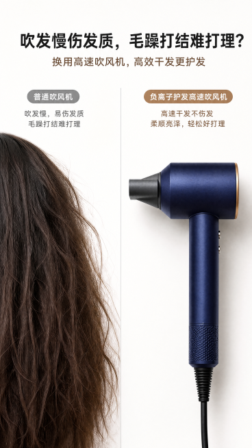 [第2屏] 本屏功能定义：负离子护发高速吹风机核心痛点对比页，对比普通吹风机的问题和本品优势。
[氛围/风格] 简约走心风格，清晰直观图文对比，干净明亮商业质感。
[元素布局] 简约米白背景，左右分栏预览效果