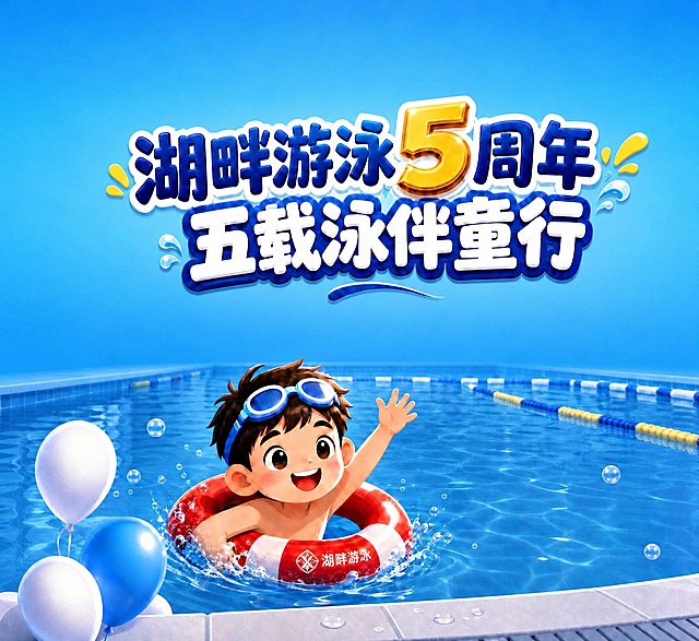 基于参考图修改：将红框区域（画面上半部分的天花板和背景墙面）的色调调整为与下方泳池水面相近的明亮蓝色调，去掉深色吊顶、圆形顶灯和灯带，让上半部分背景变成干净明亮的蓝色渐变背景，与水面蓝色协调统一。

具体修改：
1. 去掉顶部的深色天花板、嵌入式圆形顶灯和发光灯带
2. 去掉左侧的深色立柱和墙面阴影
3. 上半部分背景改为纯净明亮的蓝色渐变，颜色与下方泳池水面的蓝色接近，从上到下自然过渡到水面
4. 背景墙面也改为明亮的蓝色，与水面色调统一
5. 整体画面蓝色调明亮通透，不再有深色压抑的感觉

保留元素完全不变：
- "湖畔游泳5周年"和"五载泳伴童行"标题文字及样式
- 卡通小男孩和红色游泳圈
- 泳池水面、泳道线
- 左下角蓝白气球
- 水面气泡和水花
- 泳池边缘瓷砖

整体感觉：明亮通透的统一蓝色调，干净清爽，上下色彩协调，主题突出，版式精美。