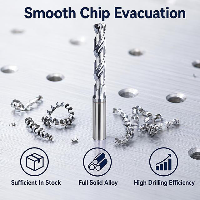 [Main Image 5] Chip evacuation feature showcase. Light metal workbench background. Main product centered, highlighting the spiral flute design. Title "Smooth Chip Evacuation" at top. Add three core selling points at bottom: "Sufficient In Stock", "Full Solid Alloy", "High Drilling Efficiency". Each point has an icon label. Maintain original product appearance, clear metal texture. Commercial photography with soft light, high clarity. 1:1 ratio, all English text, no watermark. Negative prompt: deformation, blurry product, distorted text, watermark, Chinese characters.