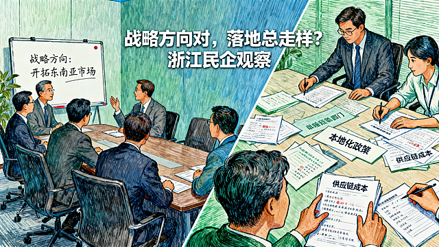手绘风格插画，内容是胜经在浙江民营企业中反复观察到的现象——战略方向往往是对的，但战略落地几乎总是走样的，适合作为微信公众号文章插图