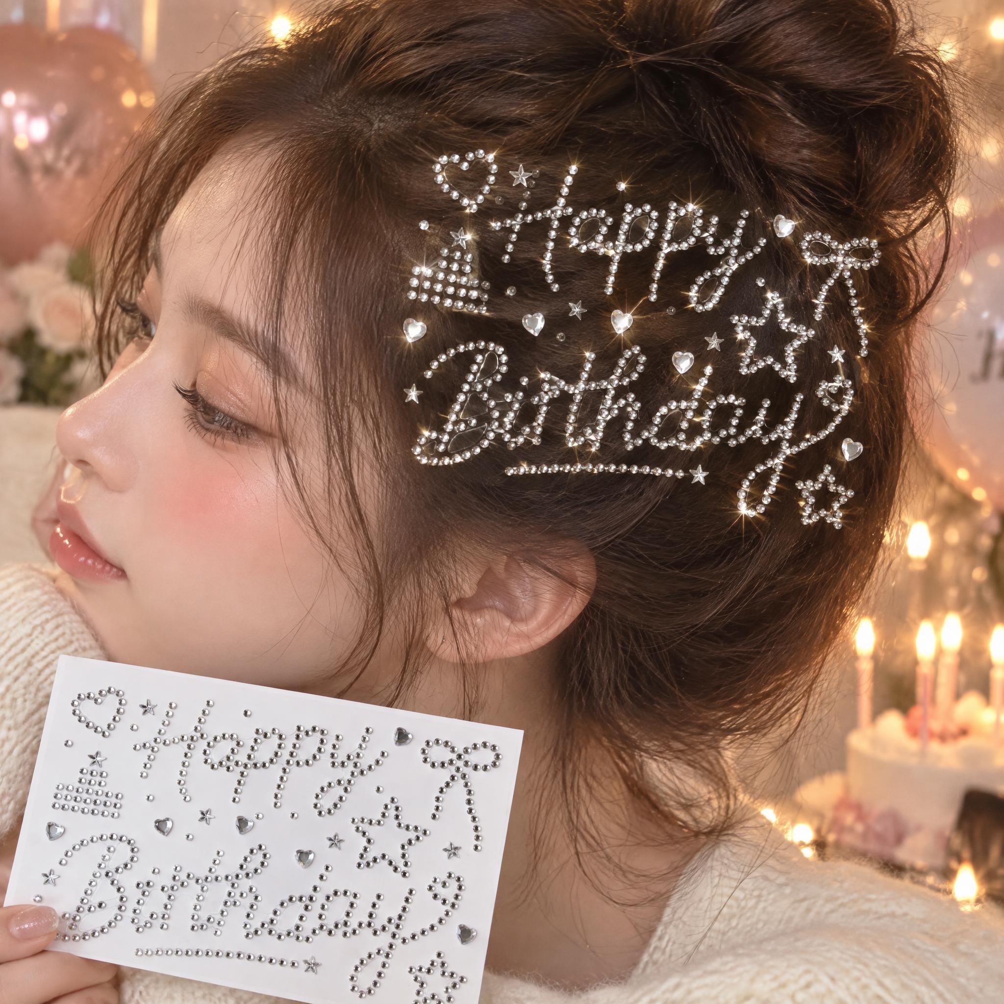 严格还原上传的银色Happy Birthday水钻钻贴产品图，… - 图片创意预览