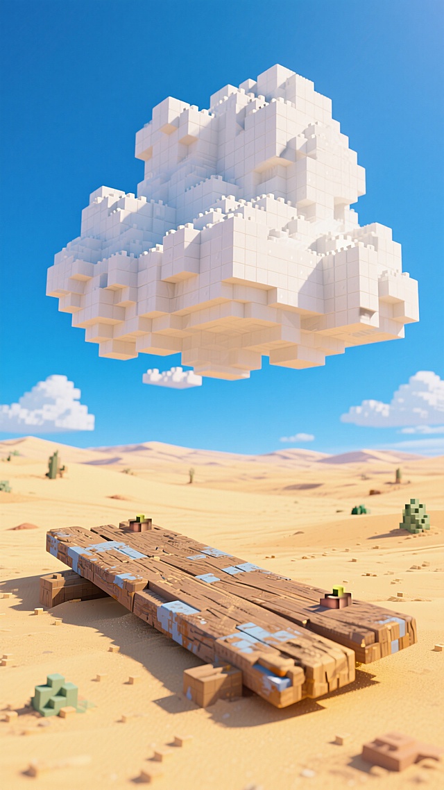 像素风沙漠场景，未来感虚拟现实云朵悬浮，创意设计展现科技与自然融合。