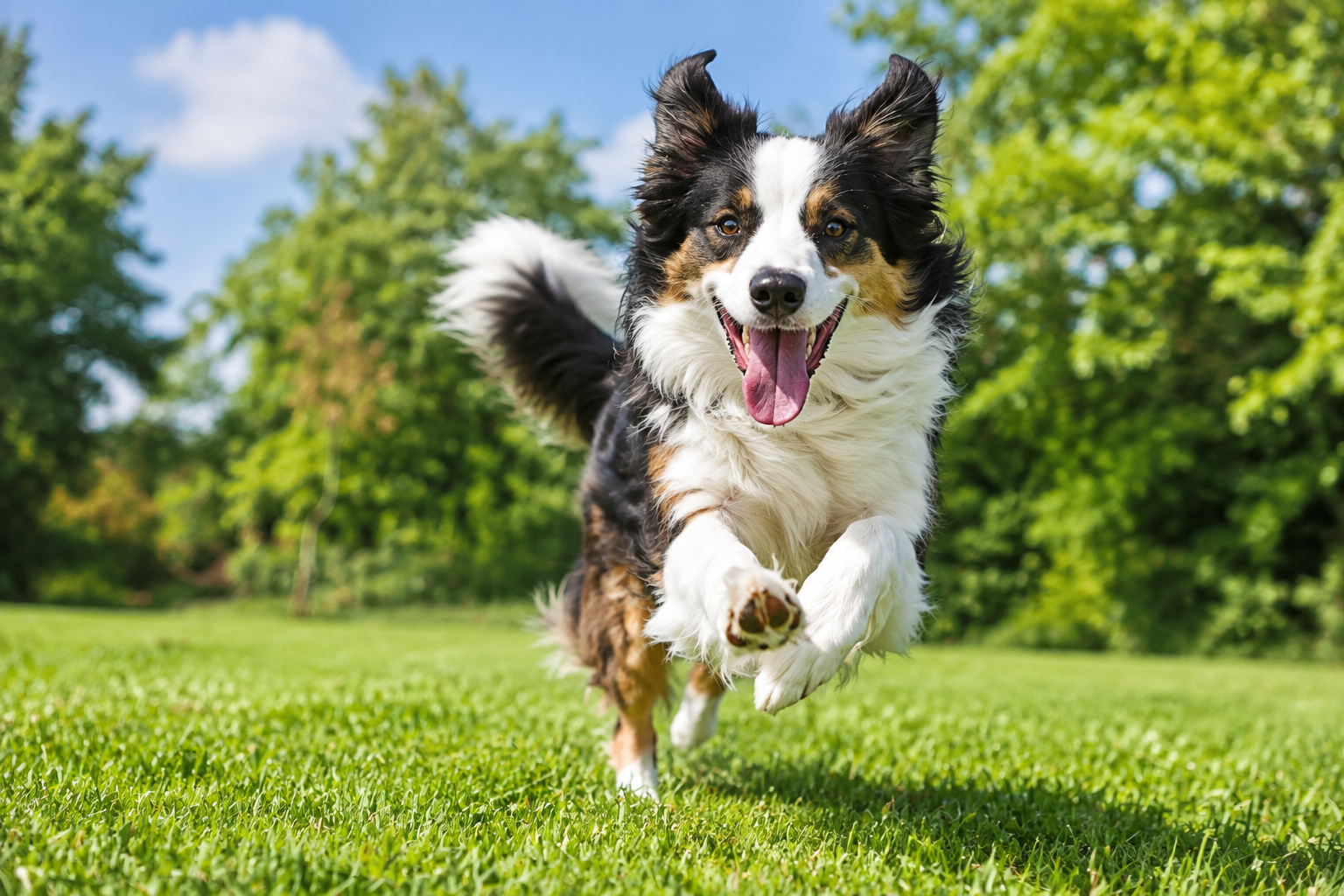 参考图片的风格和构图，重新生成画面内容：一只三色边境牧羊犬在翠… - 图片创意预览