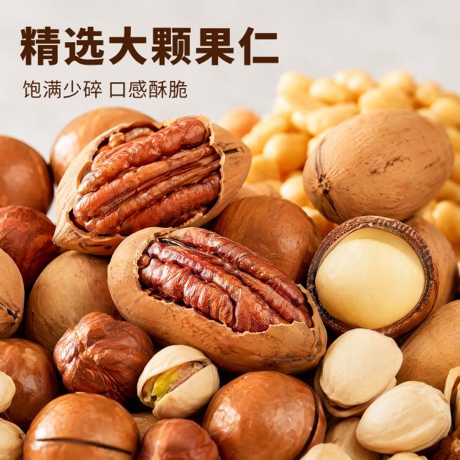 [主图-2] 精选大颗果仁品质展示主图，突出坚果颗粒饱满的核心优势。
[氛围风格] 真实品质感，自然新鲜氛围；
[画质] 商业摄影质感，微距细节清晰，产品真实通透，画面干净高级；
[元素] 保留原图中预览效果