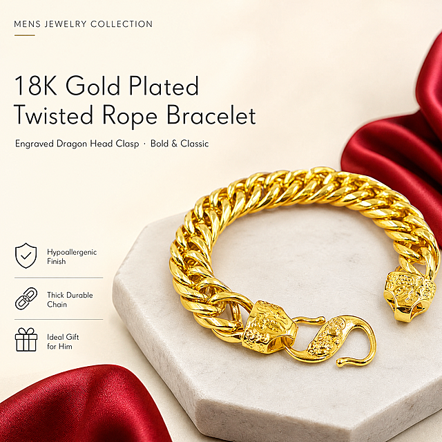 [单张主图] 18K Gold Plated Twisted Rope Chain Bracelet with Engraved Dragon Head Clasp，高级氛围感路线，亚马逊跨境单张主图，同时承担点击、理解、信任与转化，突出珠宝金属质感、龙头雕刻扣头细节与男士礼赠价值。

[画面主体] 手链完整呈弧形舒展摆放于画面中下部偏右，主体占比约55%，保持与输入产品图完全一致的外观：粗款扭绳麻花链身、亮金色金属光泽、两端龙头造型雕刻扣头、S型钩扣开合结构、链节纹理与雕刻花纹完全一致，不得改变结构、颜色与比例。金属表面精修干净，无指纹、灰尘、划痕与脏反光。

[构图版式] 采用「左文右物场景型」高级感版式。左侧约40%区域留白放置英文标题与轻量卖点图标；右侧产品为视觉主体，底部用真实承托物承接；整体留白充足，信息克制，符合亚马逊主图高级珠宝调性。

[场景元素] 背景为纯净奶油米白色渐变，柔和高级；左下角与右下角点缀少量深酒红色丝绸面料自然褶皱，呼应产品图的红绸质感但不抢主体；产品下方放置一块浅灰色哑光岩板或白色大理石台面作为承托，投下柔和自然的接触阴影。画面左上角留白处放一行小号英文装饰品类词，中部偏左放主标题与副文案，底部左侧横向排列3个细线图标+短句卖点。画面无多余道具，无礼盒，无人物，保持极简珠宝陈列感。

[文案版式] 所有可见文字均为英文，字体使用优雅轻量无衬线字体，字重克制，靠留白与字号分层级。
- 顶部小号装饰词："MENS JEWELRY COLLECTION"
- 主标题（两行）："18K Gold Plated" 换行 "Twisted Rope Bracelet"
- 副文案（一行小号）："Engraved Dragon Head Clasp · Bold & Classic"
- 底部3组卖点图标+短句（从左到右）：
  1) 盾牌图标 + "Hypoallergenic Finish"
  2) 链条图标 + "Thick Durable Chain"
  3) 礼盒图标 + "Ideal Gift for Him"
文字全部放在左侧留白与底部安全区，绝不压在手链主体、龙头扣头等关键结构上。

[光影质感] 高端珠宝商业摄影质感，柔光箱主光从左上45度打下，金属链节呈现清晰高光带与柔和暗部过渡；右侧加窄条轮廓光勾勒链身边缘，增强立体感；龙头雕刻细节处有细腻明暗层次，花纹清晰不糊；整体光比克制，无过曝发白，无廉价塑料感高光；景深适中，产品主体锐利，背景丝绸与台面轻微虚化。

[配色字体] 主色：奶油米白背景 + 亮金色产品；辅助色：深酒红丝绸点缀、浅灰台面；强调色：深炭灰文字。字体为细无衬线英文字体，主标题字号最大，副文案缩小60%，卖点说明文字再缩小，层级清晰；无粗黑描边、无发光字、无廉价促销感。

[比例分辨率] 1:1 正方形，2048px × 2048px，2K分辨率，文字清晰可辨，金属细节锐利。

[负向提示词] 禁止变形、禁止结构改变、禁止颜色偏差、禁止水印、禁止错字糊字、禁止伪Logo、禁止主体遮挡、禁止背景杂乱、禁止低清晰度、禁止手指或人物出现、禁止悬浮感、禁止硬切边缘、禁止中文文字、禁止亚马逊平台Logo、禁止促销价格标签、禁止边框装饰、禁止多件重复、禁止卡通风格。