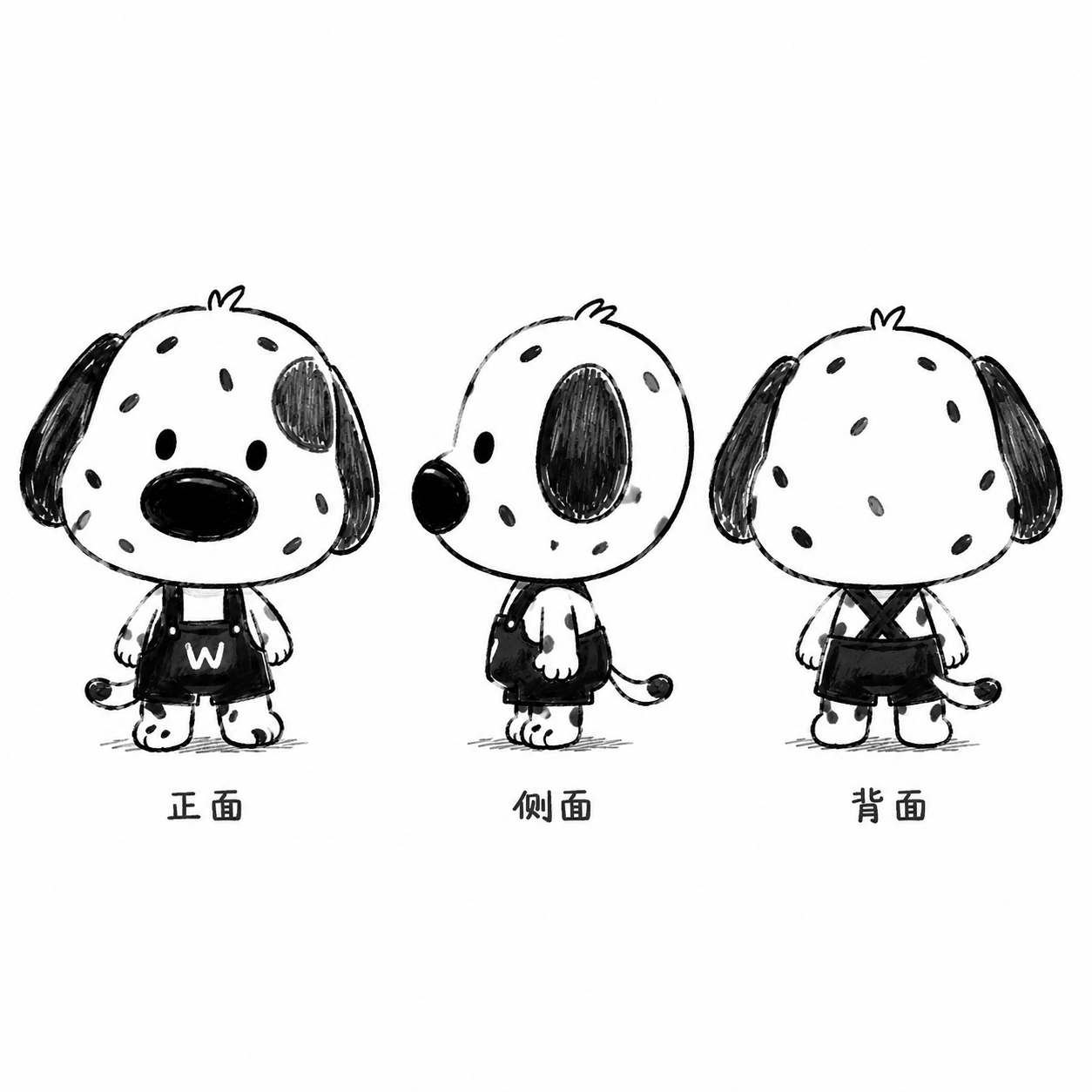 提取出芝麻小狗，绘制三视图，包含正面、侧面、背面，保留抽象手绘… - 图片创意预览