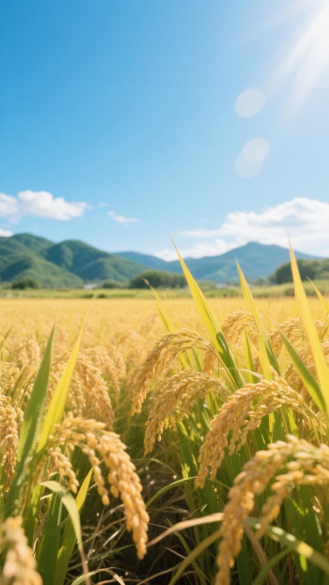 一片成熟饱满的金黄色水稻田，稻穗低垂，稻秆挺拔，部分叶片呈现自然的黄绿色，阳光从右上方照射下来，为稻穗镀上明亮的高光，在稻田表面形成斑驳的光影效果。背景是晴朗的蓝色天空，点缀着少量白色云朵，远处可见连绵起伏的青绿色山脉轮廓，整体画面干净明亮，色彩清新自然，符合现实逻辑，适合作为背景素材使用。预览效果
