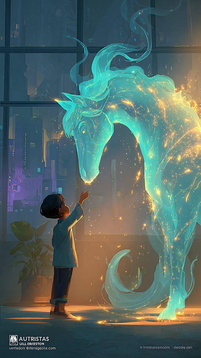 A sophisticated and heartwarming poster, 9:16 aspect ratio, cinematic lighting.

**Scene:** In a serene, minimalist room with large windows overlooking a futuristic city at dusk. At the center, a young child of Asian descent is reaching out to touch the nose of a majestic, semi-transparent holographic horse. The horse is made of glowing, flowing cyan data streams and golden particles, shimmering like a constellation. Its form is elegant and powerful, yet gentle and approachable.

**Style & Composition:** 
- Style: A perfect blend of digital painting and 3D rendering, with elements of delicate Chinese paper-cut art in the background patterns. Trending on ArtStation, ultra-detailed, Unreal Engine 5 realism.
- Composition: Rule of thirds. The child and the horse's head form a connected focal point on the right third. The left side shows the warm interior and the cool, futuristic cityscape outside, creating balance.
- Color Palette: A高级 contrast of warm and cool tones. The interior is bathed in soft, warm amber and peach light from a hidden source. The holographic horse glows with electric cyan and gold. The outside city is deep indigo and purple with neon accents. Overall feeling is cozy, magical, and advanced.

**Lighting & Details:** 
- Lighting: Strong volumetric rays (God rays) stream through the window, illuminating dust particles and interacting with the hologram, creating a magical atmosphere. A soft, warm rim light outlines the child from the interior light.
- Details: The holographic horse's mane and tail dissolve into floating, harmless data particles and tiny, simplified Chinese "福" (fortune) characters. On the windowsill, a small pot of blooming orchids (symbol of elegance and new beginnings) and a traditional red paper lantern with a warm glow.

**Text Integration (CRITICAL):**
- **Main Title:** "LEAP FORWARD" - Large, central at the top 15%. The font is a modern, sleek sans-serif with a subtle metallic gold texture and a very faint cyan outer glow. The letters are strong but not bulky.
- **Subtitle/Chinese Title:** "骏跃新程" - Placed elegantly beneath the English title, using a modern calligraphy font that combines brush stroke energy with clean lines. Color is warm white with a slight gradient to gold.
- **Year Tagline:** "YEAR OF THE HORSE 2025" - Positioned at the very bottom, centered, about 10% from the edge. Font is a clean, thin geometric sans-serif in warm white.
- **Overall:** All text integrates seamlessly into the composition, appearing as part of the scene's light, not as an afterthought. No text blocks the main interaction between the child and the horse.