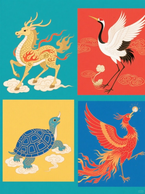 四个不同纯色背景的中国传统祥瑞动物插画组成的系列素材集合，规整排布成2x2网格。每个动物均采用相同的传统工笔手绘风格，线条细腻流畅，轮廓勾勒清晰，内部填充均匀平滑的色彩，装饰有云纹、卷草纹等传统纹样，动态飘逸灵动，姿态优雅舒展。第一个为青色背景上的金色麒麟，鹿角马头，身披火焰纹飘带，脚踏祥云；第二个为朱红色背景上的白色仙鹤，长颈展翅，尾羽修长，喙衔灵芝，周围环绕如意纹；第三个为明黄色背景上的蓝……预览效果