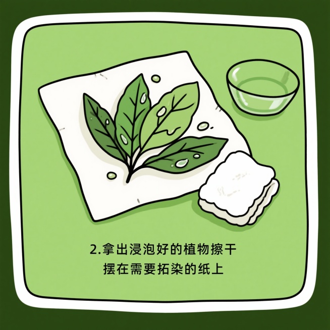 1.将植物浸泡在水（或盐水）中约20分钟
2.拿出浸泡好的植物擦干，摆在需要拓染的纸上
3.用胶带将植物固定在纸上
4.用橡胶锤均匀敲打
5.取下胶带晾干作品，按照该图片生成2、3、4、5步的图片预览效果
