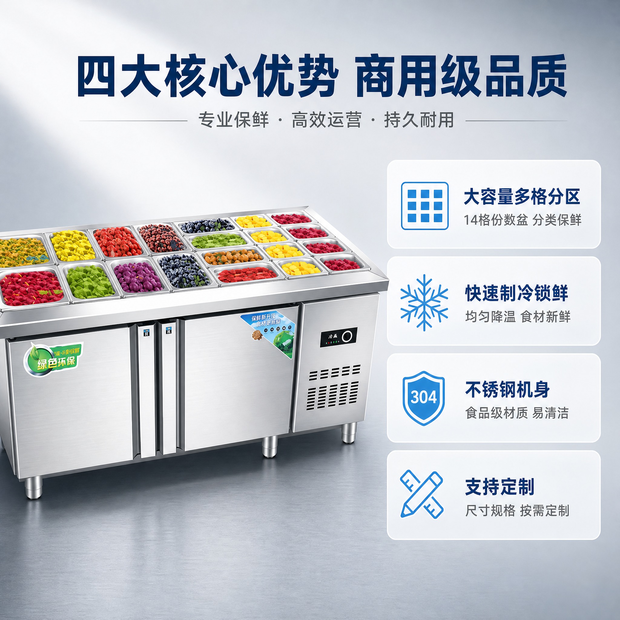 [主图-2] 核心价值卖点图，展示商用沙拉台冷藏柜的四大核心优… - 图片创意预览