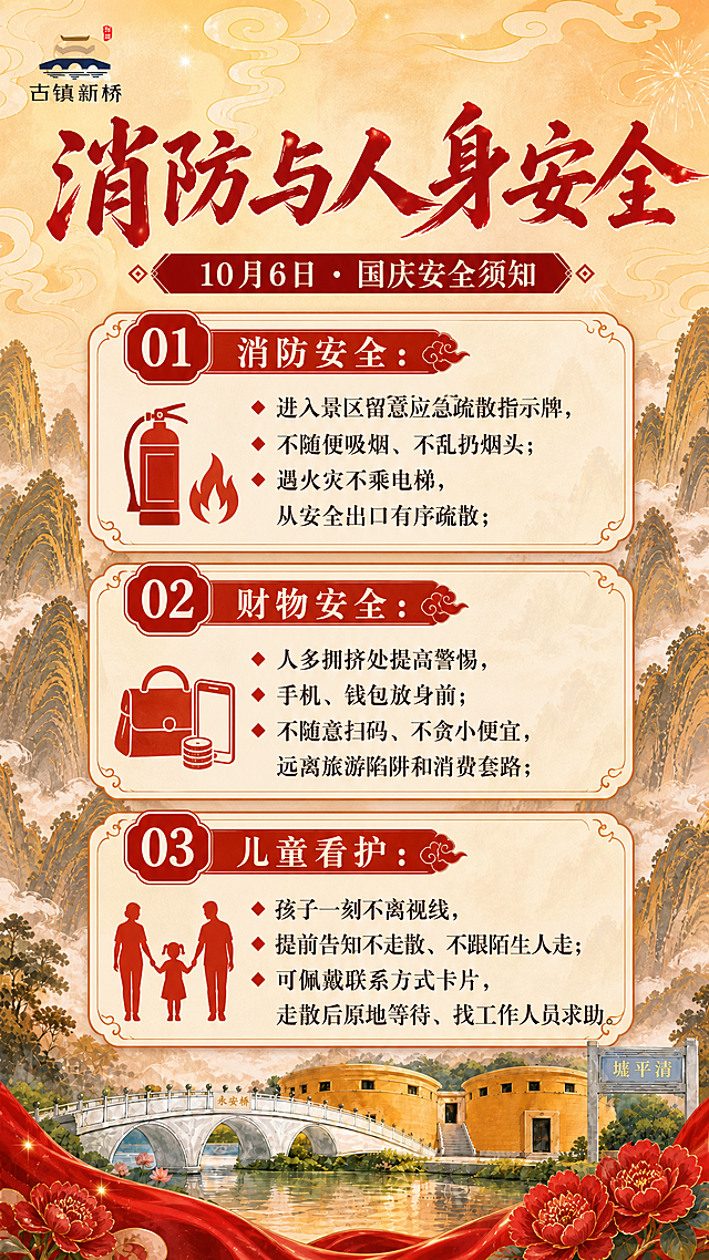 国潮山水风格竖版安全须知海报，延续参考图的红金喜庆配色和国风山水意境。顶部保留古镇新桥logo标识，主标题为红色书法大字"消防与人身安全"，副标题为"10月6日 · 国庆安全须知"。中部为三个编号信息板块：01 消防安全：进入景区留意应急疏散指示牌，不随便吸烟、不乱扔烟头；遇火灾不乘电梯，从安全出口有序疏散；02 财物安全：人多拥挤处提高警惕，手机、钱包放身前；不随意扫码、不贪小便宜，远离旅游陷阱和消费套路；03 儿童看护：孩子一刻不离视线，提前告知不走散、不跟陌生人走；可佩戴联系方式卡片，走散后原地等待、找工作人员求助。背景为暖金色国潮山水云雾，底部有红色飘带和牡丹装饰，整体喜庆庄重，信息清晰可读，版式精美。画面中所有信息区域必须填充完整合理的内容，不得出现空白框。画面中所有数字必须精确渲染，不得错位、遗漏或编造。