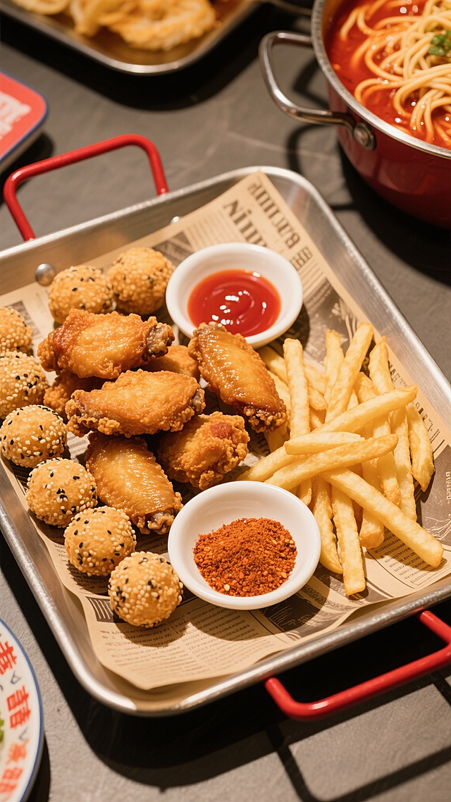 美食摄影风格，暖色调光影，金属托盘配红色把手，内衬复古报纸图案油纸，中央摆放炸鸡块、鸡翅、薯条，周围环绕芝麻球，托盘内白色小碟分装番茄酱与辣椒粉，右上角可见部分盛有红色汤底带面条的锅具，整体构图饱满，食物色泽鲜亮，质感酥脆，营造出丰盛诱人的餐饮氛围，变换食物排列样式，保持原有美食种类与容器特征，增强画面层次感与视觉引导线。
