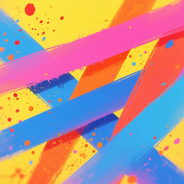 一幅抽象艺术作品，画面中心由多条色彩鲜明的倾斜色带构成，主色调为明亮的黄色、鲜艳的蓝色、热烈的橙色和明快的粉色，色带边缘带有自然的毛边效果。色彩间有部分重叠和交融，形成丰富的视觉层次。画面中散布着许多细小的彩色飞溅斑点，主要为红色和橙色，随机分布在色带周围和背景中，增强了动感和活力。整体构图呈现出一种动态的、奔放的视觉效果，色彩对比强烈且和谐。改变质感为细腻的磨砂质感，色彩过渡更加柔和，色带边缘呈现轻微的模糊渐变效果，飞溅斑点带有细微的颗粒感，整体画面在保持原有色彩和构图的基础上，展现出一种温润、内敛而不失活力的磨砂材质特性。