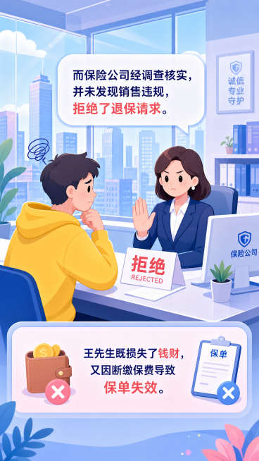 整体现代扁平化插画风格，清新明亮配色，人物造型干净圆润线条柔和，色彩以粉蓝为主色调搭配少量高饱和点缀；竖版保险公司拒绝页，办公场景，背景为城市天际线，穿黄色连帽衫的男性和穿西装的女性角色，女性表情严肃预览效果