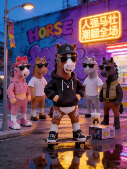 背景是街头涂鸦墙（蓝紫撞色抽象涂鸦、点缀彩色英文字母“HORSE”），墙面挂霓虹灯管牌（暖黄发光字 “人强马壮 潮翻全场”），地面是灰色柏油马路，有浅浅积水倒映人马身影和霓虹光影，路边摆着街头便利店的预览效果