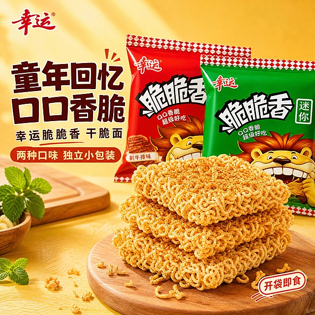 [主图-1] 首图点击率 幸运脆脆香干脆面 食欲诱惑
[统一基调] 暖黄明亮怀旧风 背景主色暖黄色渐变 标题字色深棕红 辅助字色深褐色 强调色橙红色 字体样式粗黑体厚重有食欲感 字号层级分明 卡片圆角轻阴影
[画面] 画面中心偏右堆叠3块完整的干脆面面饼 面饼金黄酥脆 表面有均匀调味料颗粒 纹理清晰可见 面饼前方散落少量碎面渣增加真实感 面饼后方斜放两袋幸运脆脆香包装袋 红色牛排味与绿色奥尔良烤翅味各一袋 包装袋完整展示品牌logo与卡通狮子形象 左上角放置幸运品牌logo 背景为暖黄色渐变桌面 搭配木质砧板与新鲜薄荷叶点缀 营造温馨怀旧零食氛围 自然暖阳侧逆光打在面饼上 突出酥脆质感与金黄光泽 主体占画面约70% 俯视45度角拍摄
[光影质感] 商业美食摄影质感 自然暖阳侧逆光 主光从左上45度打下 面饼表面形成金黄高光 底部有柔和接触阴影 酥脆纹理清晰 颗粒感真实 整体明亮通透有食欲
[配色] 背景暖黄渐变 主体金黄 包装袋红绿对比 标题深棕红 辅助文深褐 强调橙红 整体暖色调统一 食欲感强
[文字版式] 左上角品牌logo 画面左上方主标题大字"童年回忆 口口香脆" 主标题下方小字"幸运脆脆香 干脆面" 再下方辅助文案"两种口味 独立小包装" 右下角轻量小标签"开袋即食" 全部横排 文字不遮挡面饼主体 放在负空间
[输出要求] 1080x1080正方形 文字清晰可读 产品清晰不变形 无错字 无水印 无平台logo 画面干净有食欲 禁止模糊 禁止杂乱背景