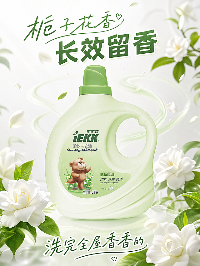 [主图-8] 留香效果可视化展示
[氛围风格] 清新治愈，突出栀子花香氛
[画质] 商业摄影质感、光线柔和通透、产品清晰真实、画面干净高级
[元素] 洗衣液瓶周围环绕淡绿色香氛扩散特效，周围点缀真实栀子花和叶片，视觉化展示自然花香。保持洗衣液产品外观与输入产品图绝对一致，杜绝变形色差。商品主体占比约60%，背景为简约浅灰白色。
[光影] 柔和顶光，突出香氛扩散氛围感，产品清晰明亮。
[配色] 浅绿主调搭配白色栀子花，清新自然，突出香气氛围。
[视角构图] 居中构图，主体突出，香氛效果围绕产品，视觉感强。
[文字版式] 顶部标题"栀子花香 长效留香"，绿色手写体搭配粗体标题，底部标注"洗完全屋香香的"，口语化文案贴近抖音用户。
[比例分辨率] 3:4比例，4k分辨率，文字清晰锐利，超高清。
[负向提示词] 变形，水印，文字错乱，产品图模糊，背景杂乱