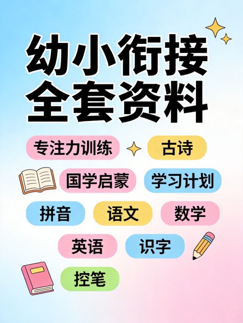 幼小衔接全套资料 专注力训练、古诗、国学启蒙、学习计划、学习计划表、试卷、拼音、语文、数学、英语、识字、控笔等，生成一张幼小衔接电子资料介绍图预览效果