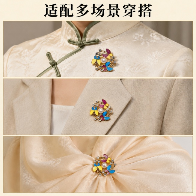 「图片1」，生成一套主图（5张），商品名称是珐琅工艺胸针，卖点是古风古色，风格是古风、珐琅工艺，图案是蝴蝶和珍珠，适配抖音平台，主图比例为1:1。参考图如下「图片1」「图片1」「图片1」「图片1」「图预览效果