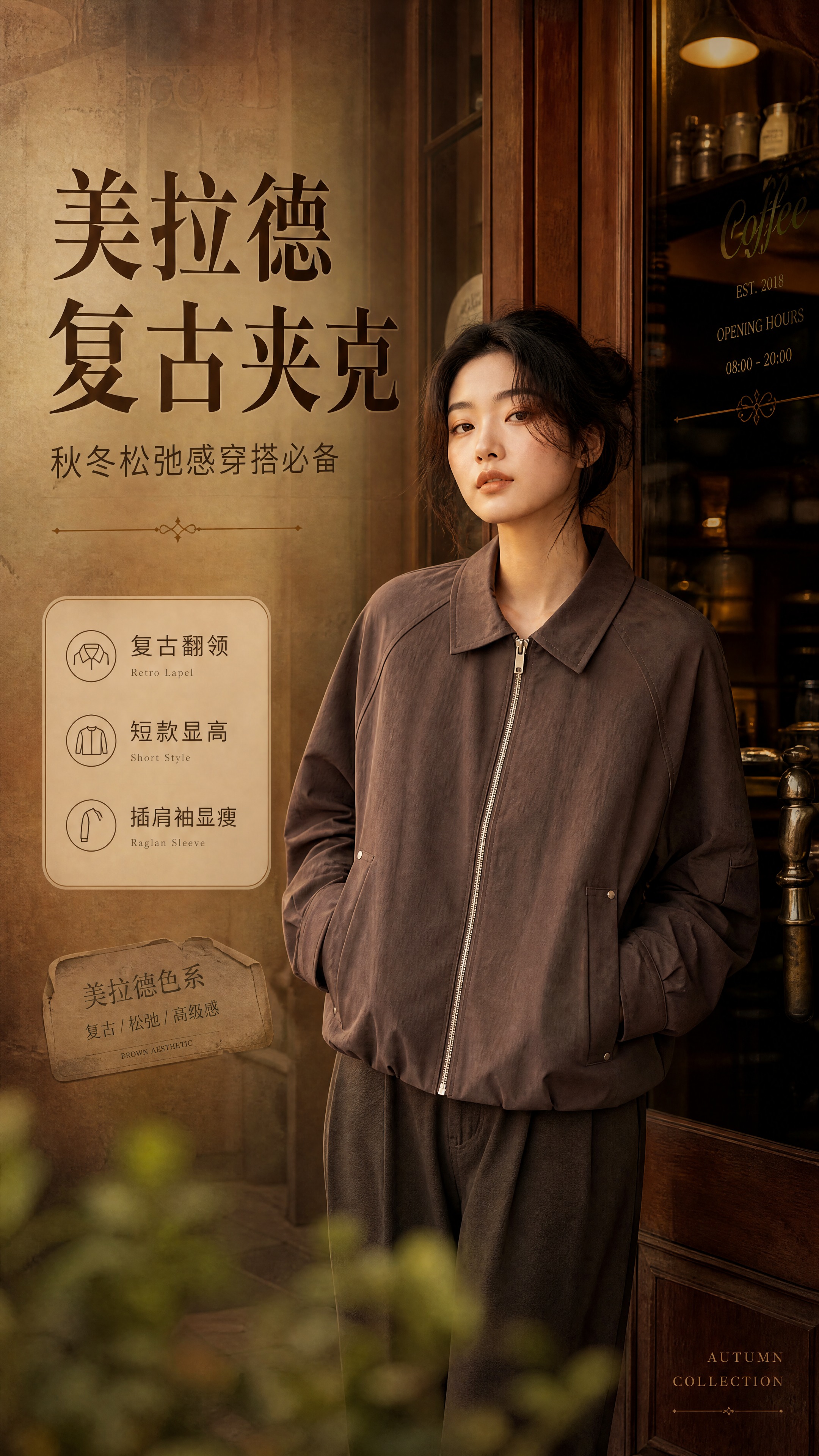 [商品] 使用【图1】深棕色翻领短款夹克；商品处理：保留翻领、… - 图片创意预览