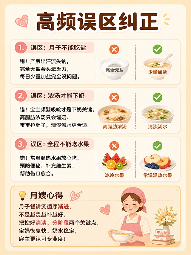 小红书图文最后一页内页配图，延续暖色调母婴干货风格，3:4竖版，干净清晰。画面顶部大标题：「高频误区纠正」，下方先列出3条误区纠正内容，保留全部原文：

1. 误区：月子不能吃盐
错！产后出汗流失钠，完全无盐会头晕乏力，每日少量加盐完全没问题。

2. 误区：浓汤才能下奶
错！宝宝频繁吸吮才是下奶关键，高脂肪浓汤只会堵奶、宝宝拉肚子，清淡汤水更合适。

3. 误区：全程不能吃水果
错！常温温热水果放心吃，预防便秘、补充维生素，帮助伤口愈合。

底部放置月嫂心得区域，标题 💡月嫂心得，内容为：月子餐讲究循序渐进，不是越贵越补越好，把控好清淡、分阶段两个关键点，宝妈恢复快、奶水稳定，雇主更认可专业度！

整体配色保持暖调，和前面页面风格完全统一，标题醒目，误区对比清晰，文字清晰可读，行间距宽松，结尾温馨专业，信息层级分明，四周留安全边距，高清4K，适合作为小红书笔记最后一页收尾配图。