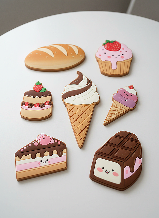 根据参考图生的7个图案，生成对应的7个异形硅胶杯垫，都放在室内明亮的桌子上，随机堆叠