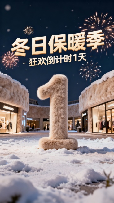 画面中央是一个3D立体数字1，数字雕像，毛绒细长材质，立在广场中央，周边是广场店铺，整个画面偏仰视视角，地面上是厚厚的积雪，整个画面均是毛绒材质，主标题“冬日保暖季”，主标题周围有烟花点缀，副标题“狂预览效果