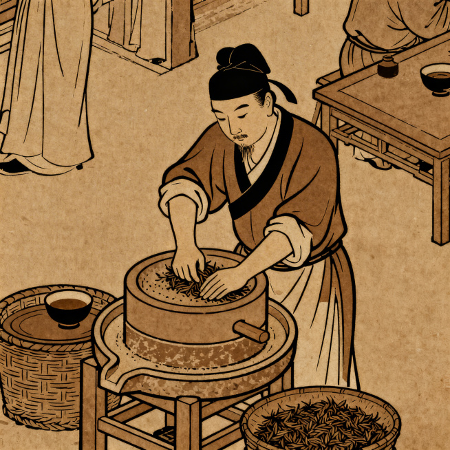 画面内容为宋代斗茶场景中的碾茶动作，侧重展现碾碎茶叶动作，减少人物占比，整体色调统一为茶色、酱油色，风格简洁线条扁平化，带有复古历史感，仿照清明上河图的创作风格绘制预览效果