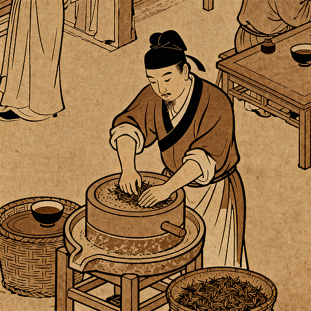 画面内容为宋代斗茶场景中的碾茶动作，侧重展现碾碎茶叶动作，减少人物占比，整体色调统一为茶色、酱油色，风格简洁线条扁平化，带有复古历史感，仿照清明上河图的创作风格绘制