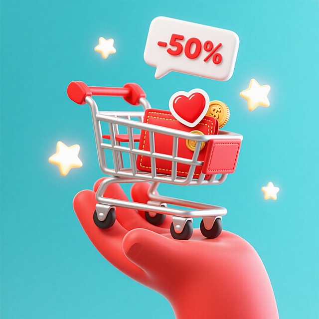 画面中心是一只红色的手托举着一个大大的购物车，购物车上有冒出一个对话框，里面写着“-50%”，钱包上粘有一些红色爱心和金币的贴纸。四周围绕着几个星星