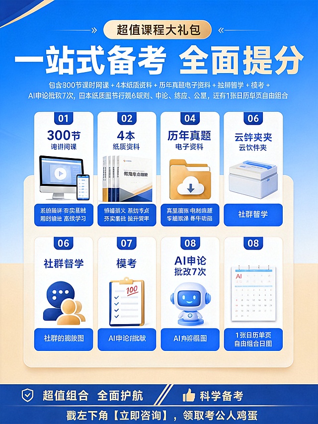 参考这张考编课程大礼包宣传海报重新设计，保留所有产品图和全部文字内容不变，更换全新版式设计和配色，生成第四张不同的设计版本
