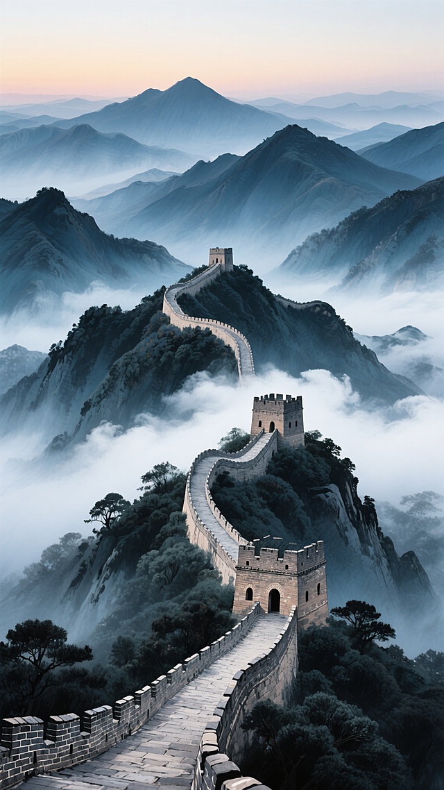 中国长城蜿蜒盘踞于层叠山峦之上，古老的砖石城墙与烽火台细节清晰可见，周围环绕着茂密的墨绿色植被，山间弥漫着轻盈的白色云雾，营造出神秘而壮丽的氛围，整体呈现出浓郁的水墨画风格，以深邃的靛蓝色和青灰色为主色调，背景中远山如黛，天空渲染出渐变的暮色效果，留白巧妙，尽显东方艺术的意境之美。