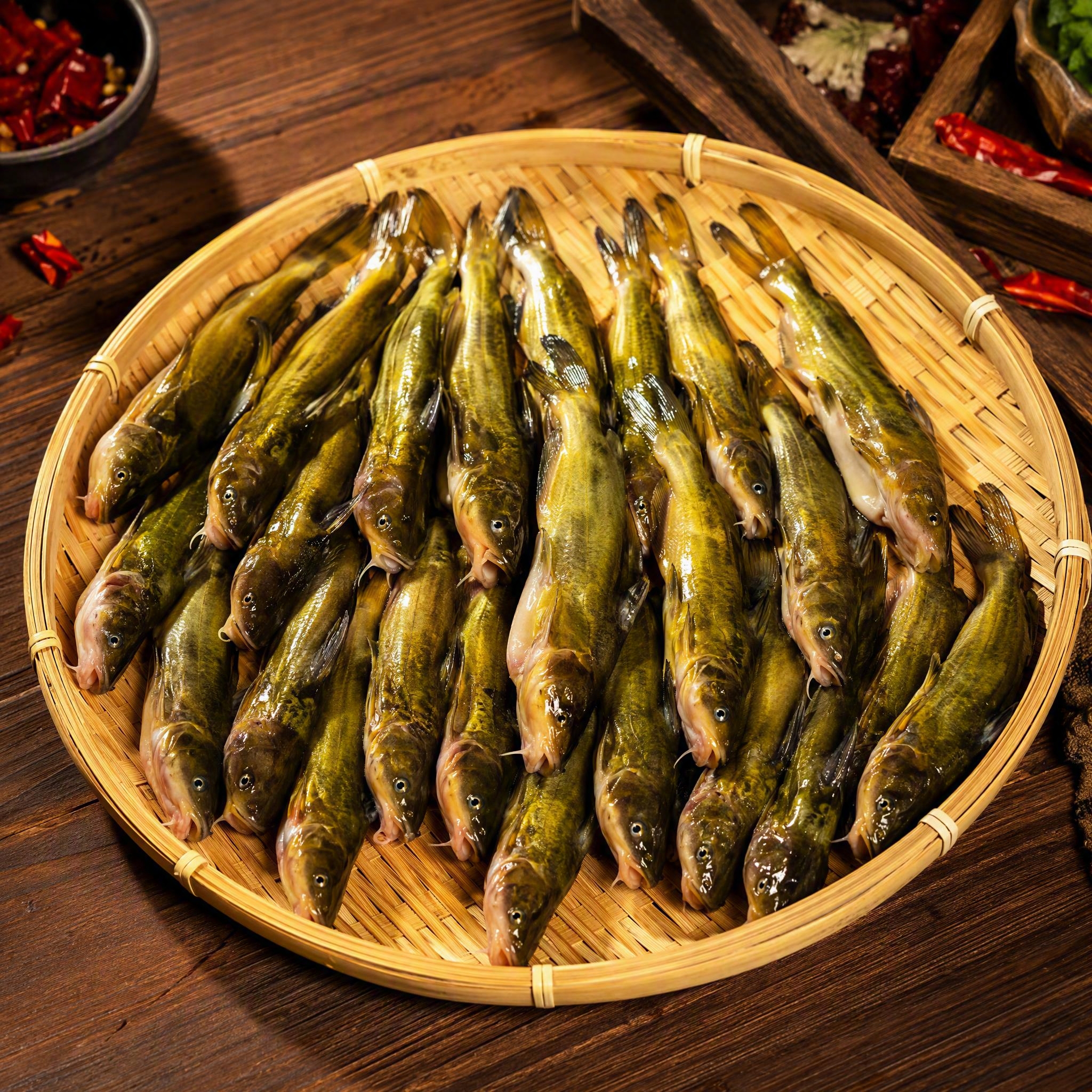 餐饮火锅店食材展示图，杀好处理干净的黄骨鱼（黄辣丁），整齐摆放… - 图片创意预览