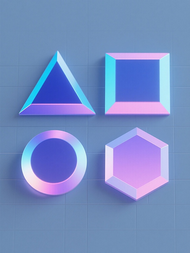 纯色背景上，四个不同基础几何元素（三角形、正方形、圆形、六边形）以规整网格排布组成的系列素材集合，每个元素均采用相同的立体3D风格，具有光滑表面和从深蓝到浅蓝再到淡紫粉色的渐变虹彩光泽，清晰的棱角转折和统一的光影效果，整体保持简洁现代的设计感。