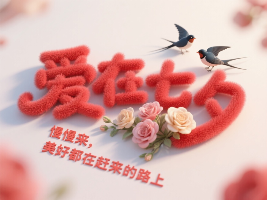 红色毛茸茸可爱的立体字，中文字“爱在七夕”像个毛绒玩具清晰字体，两只小喜鹊，小字“慢慢来，美好都在赶来的路上”艺术排列，永生花字构成的Maya渲染的立体字C4D 渲染，3D建模，从俯视角度观看，背景虚预览效果