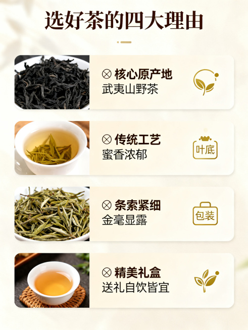 [竖版详情页2] 正山小种核心优势；[氛围风格] 商务轻奢简约拼多多热卖风格；[画质] 商业摄影质感、光线柔和通透、产品清晰真实、画面干净高级；[元素] 竖向排版四个核心优势模块，每个模块配图标+干茶预览效果
