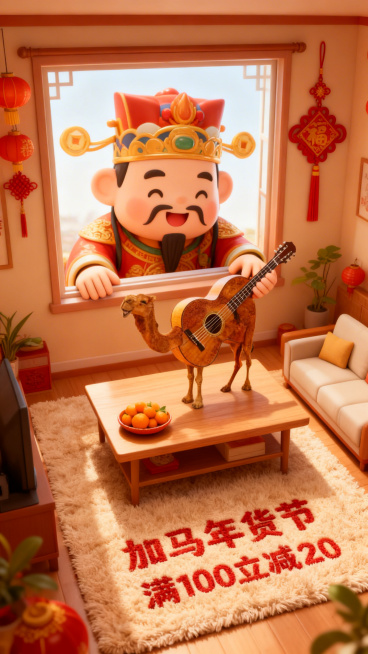 3d卡通风格，客厅景观。Q版巨大灶王爷（形象软萌）从窗户外探身进来，双手把图中主体放在客厅桌上（桌面摆放橘子、果盘），客厅装饰中国结、灯笼元素，暖色调喜庆氛围，画面底部毛绒地毯上绣着“加马年货节”“满预览效果