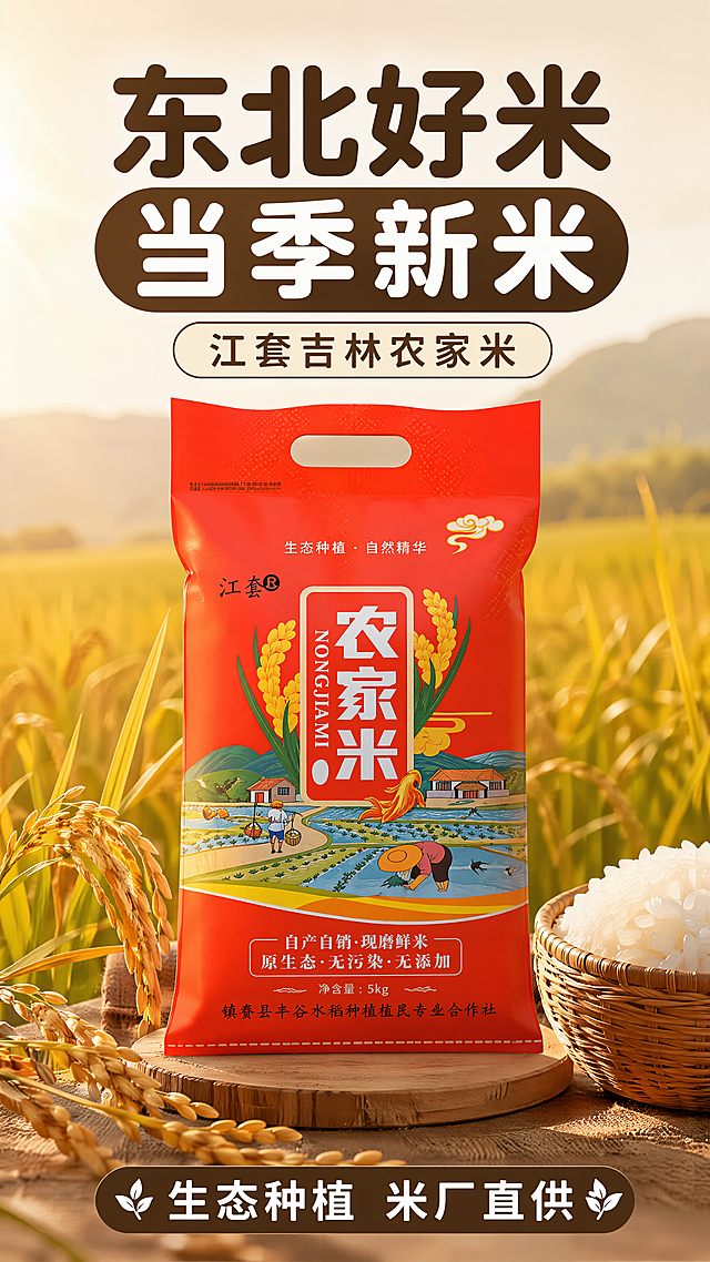 [第1屏] 详情页头图-江套东北农家大米产品宣传海报。本屏使用【图1】作为商品主体，保留红色包装袋结构、文字和颜色与原图一致。自然田园风，真实温暖光影，商业摄影质感。红色包装大米放画面中下，占60%-70%。背景虚化金黄东北稻田，前景左下角稻穗，右下角篮装白米饭。早晨左上暖光，自然投影，米粒通透。全局底色#F5E9D3，主色包装红、文字白、稻田金。正面平视，景深构图。标题圆角黑体，棕白两色纯色填充。顶部主标题"东北好米 当季新米"，副标题"江套吉林农家米"，底部深棕条"生态种植 米厂直供"白色文字。9:16 4K 清晰文字。负向提示：包装变形，文字错乱，颜色偏差
