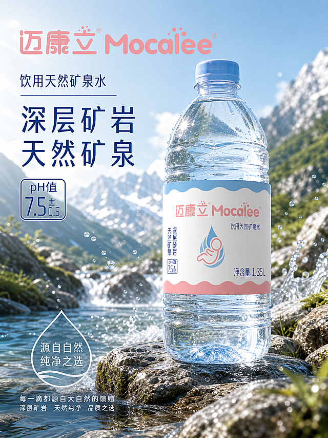 以这张矿泉水包装标贴为基础，生成一张矿泉水宣传海报，保留所有包装文字和品牌信息，净含量标注为1.35升，背景设置为天然山脉水源中的石头上，图片尺寸比例为3:4，风格清新自然