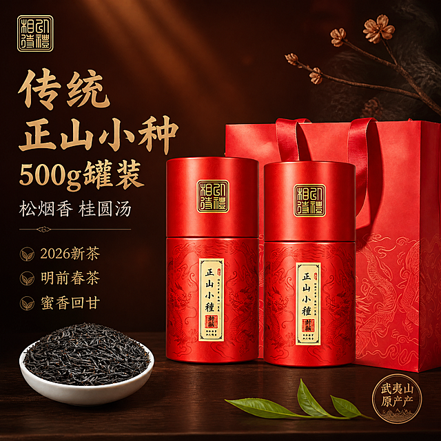 [单张主图] 正山小种红茶500g罐装礼盒 高级氛围感主图 突出产品品质与卖点。
[画面主体] 两罐红色正山小种茶叶罐+红色礼袋组合为主体，茶叶罐在前礼袋在后错落摆放，产品占画面约55%；左下角搭配一小碗干茶叶特写，展示茶叶条索细节。保持红色茶叶罐外观（即物理结构、材质质感、红色龙纹图案、正山小种标签、金色印章Logo）与输入产品图1完全一致，杜绝任何变形和色差，精细化处理；干茶叶形态与输入产品图2一致，乌润细紧有光泽。
[构图版式] 采用左文右物场景型版式，右侧放产品主体，左侧大面积留白放标题与卖点；整体高级国风静物摄影感。
[场景元素] 背景为深棕红色渐变暗调，底部是深胡桃木台面，有柔和的产品投影；产品周围点缀几片新鲜茶叶、一缕轻烟雾气、一小枝干枯梅花枝作装饰；左上角留白处放品牌印章式小标识；底部右侧放一个圆形小印章写"武夷山原产"。
[文案版式] 左侧上半区左对齐排版，主标题为大号宋体书法风大字"传统正山小种 500g罐装"，字色为暖金色带轻微浮雕质感；主标题下方一行稍小的细宋体"松烟香 桂圆汤"，字色米白；再下方三行更小的细宋体卖点，每行前加一个小茶叶图标："2026新茶""明前春茶""蜜香回甘"，字色浅金色。文字全部放在左侧负空间，不遮挡产品主体。
[光影质感] 右侧45度斜射暖光为主光，柔和打亮茶叶罐正面与金色标签；左侧弱补光提亮暗部细节；产品表面有细腻的红色哑光质感与金色高光；背景有轻微的丁达尔光效与雾气；景深中等，主体清晰背景虚化。
[配色字体] 主色深红棕；辅色暖金、米白、墨绿；字体为精致宋体与书法体结合，主标题厚重有飞白，辅助文案纤细优雅，字重对比明显。
[比例分辨率] 1:1比例，2048*2048，2K超高清，文字清晰锐利可辨，商业摄影质感。
[负向提示词] 变形，文字错乱，产品图模糊，背景杂乱，水印，电商平台Logo，手指，人物，畸形结构。