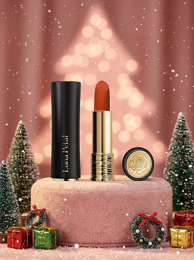 主体放置在粉色毛绒展台上，背后有一盏灯，主体后映着一个大的暖粉色圣诞树散光光斑，保证融图效果，四周错落地摆放圣诞元素，点缀白色雪花，整体色调暖黄温馨。