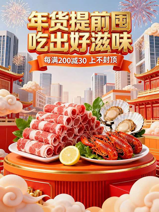 2026 马年年货节生鲜促销海报，以暖橙、正红与鎏金为主色调，营造热烈诱人的囤货氛围。背景为现代都市建筑搭配烟花、祥云元素，增强年节氛围感。顶部用鎏金立体字呈现 “年货提前囤 吃出好滋味”，辅以 “每满 200 减 30 上不封顶” 的促销文案。画面中心是生鲜食材陈列台，摆放肥牛卷、小龙虾、扇贝等食材，点缀柠檬片与绿叶，突出新鲜品质与食欲感。整体采用写实摄影与 3D 立体结合的风格，融合促销信息、年俗氛围与生鲜属性，风格醒目诱人，适合作为商超或电商生鲜年货节的引流宣传海报。