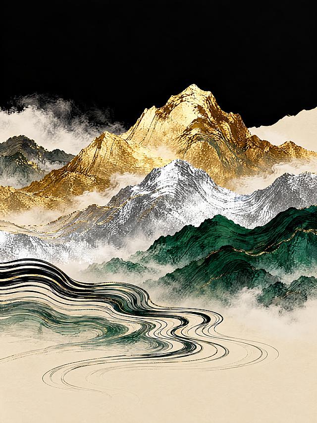 参考图的东方美学山水风格，重新生成画面内容，去除所有文字，高清精致。画面为抽象层叠山峦，最上层山峰为金箔质感的金色山脉，中间层为银箔质感的银白色山脉，下层为墨绿色渐变山脉，底部有流动的黑色曲线水纹，山间缭绕白色云雾，背景上半部分为纯黑色，下半部分为米杏色，整体轻奢高级，新中式装饰画风格，纹理细腻，金箔银箔质感真实，无任何文字和logo