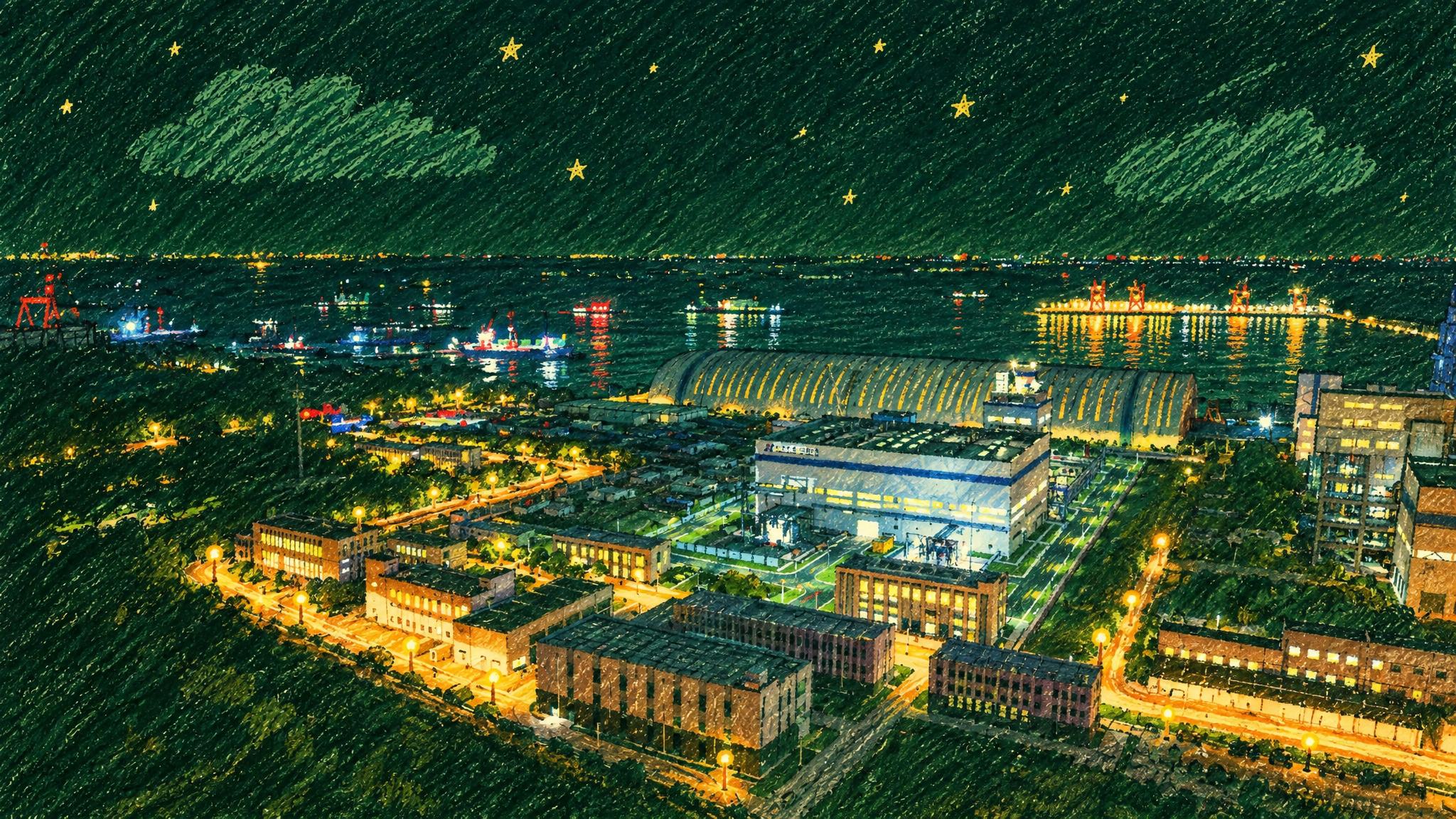 将这张厂区建筑群夜景照片转换为蜡笔手绘风格，背景天空为深墨绿色… - 图片创意预览